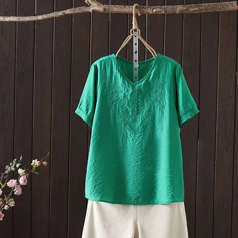 Women Clothing Streetwear Casual Fashion Elegant Cotton Linen Embroidery Vintage Clothes Tops Shirts for Women Tees