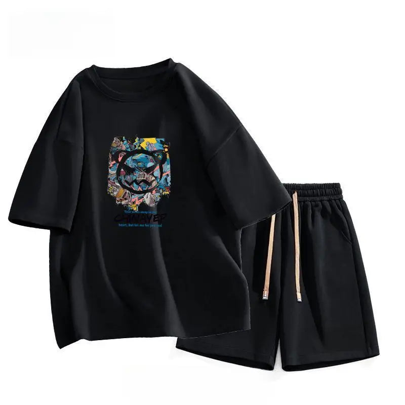Men's Suit, Pure Cotton Printed Short-sleeved Top, Casual Summer Wear with High-end Trendy T-shirt, Youth Clothes, Cool