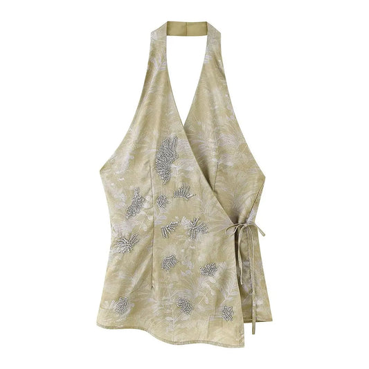 Women's clothing 2025 summer new style  lace-up waist-closing beaded embroidered halter neck collar top