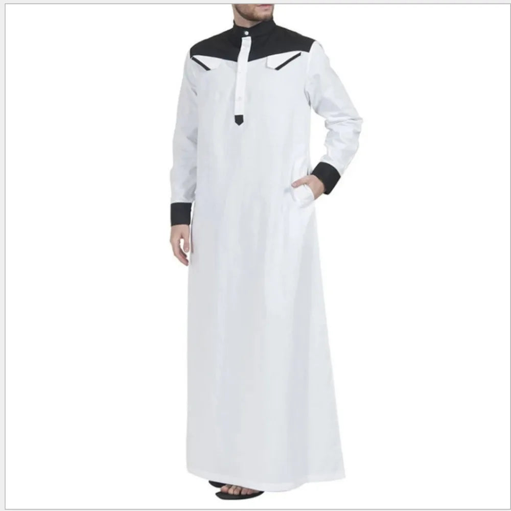 Muslim Southeast Asian Men's Clothing, Color-blocked Stand-collar Robes, Loose-fit Middle Eastern Robes Are Super Fashionable.