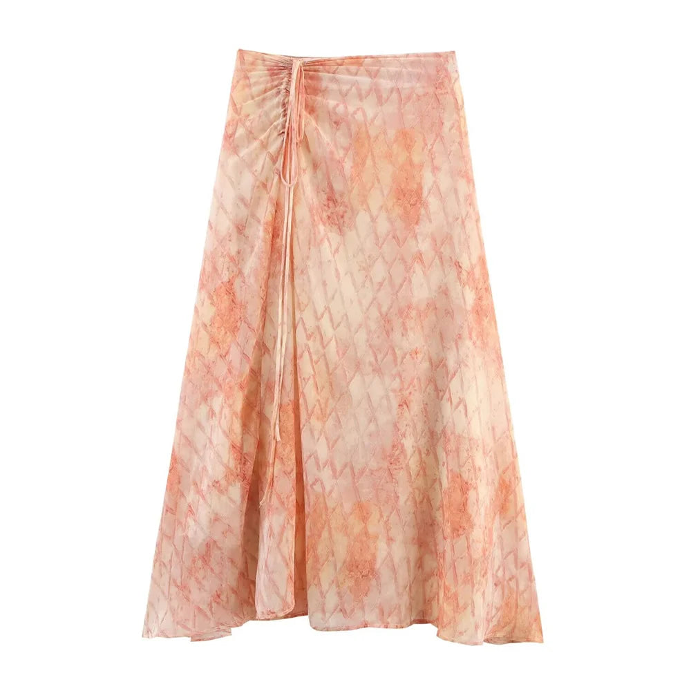 New women's clothing with European and American style fashion, simple, blended print, drawstring chiffon irregular skirt