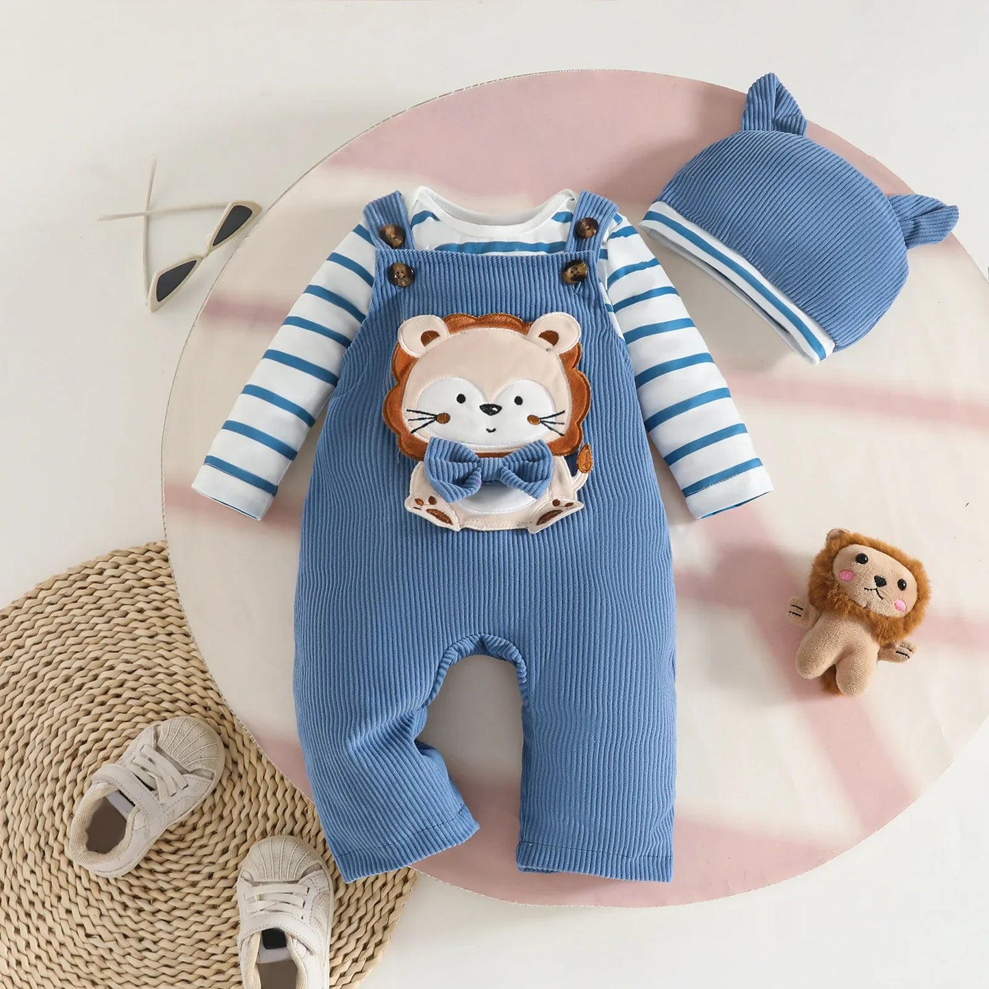 New Born Baby Clothes 0-18M Baby Boy Girls 3Pcs Outfit Sets Striped Cotton Bodysuit and Corduroy Cartoon Overalls Hat Daily Wear