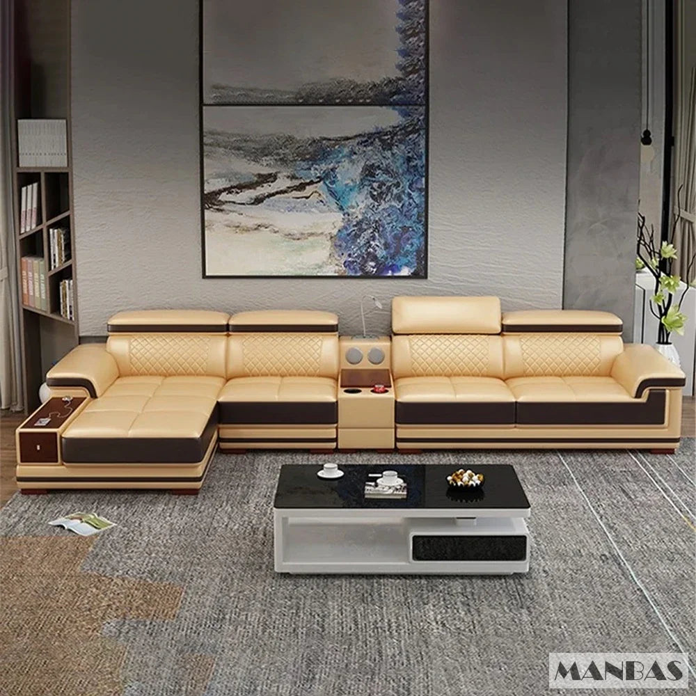 Modern Luxury Genuine Leather Sectional Sofa with Chaise Lounge, Adjustable Headrest, Built-in Storage, USB Charging, Cup Holder