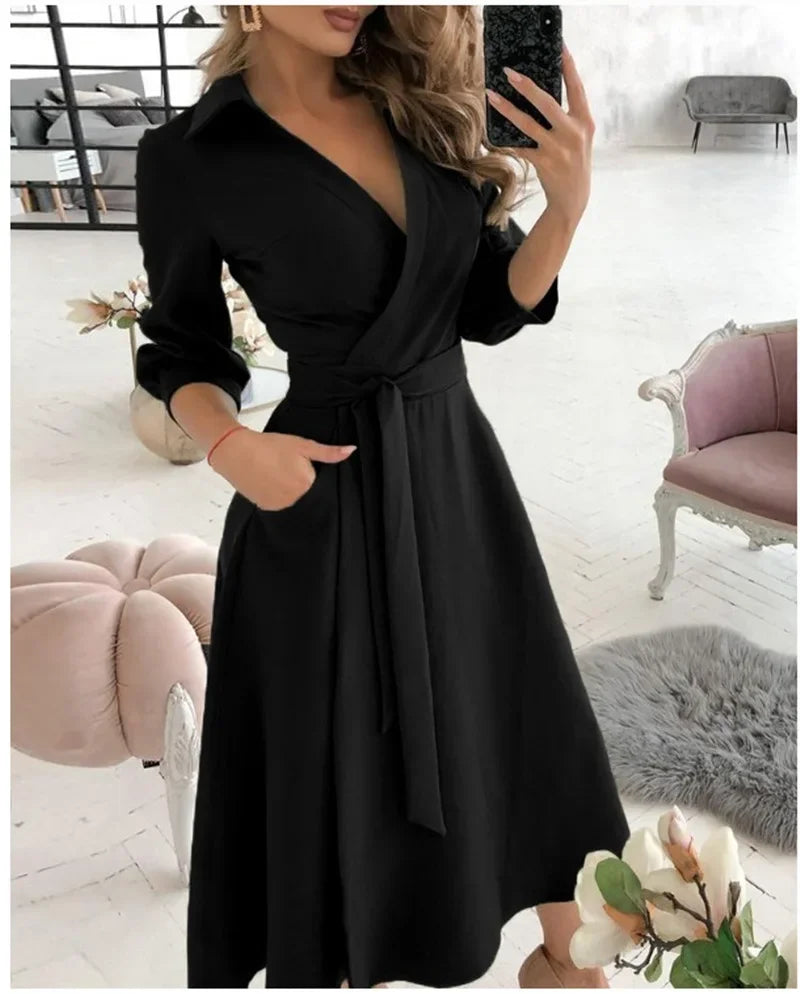 Women's Clothing Dress for Women Dress Spring Autumn Fashion Office Ruched Dress Long-sleeved V-neck Red Black Blue Bag Hip