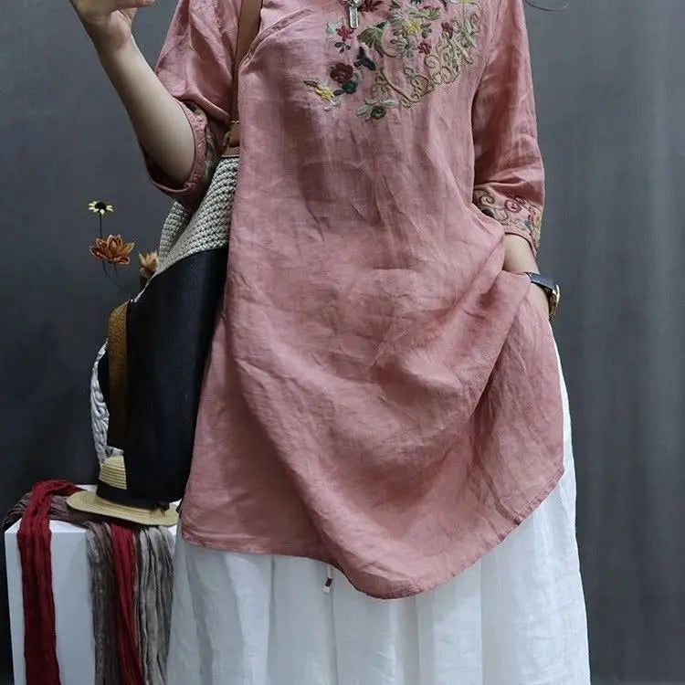 Cotton and Linen Women Clothing 2025 Summer New Print Retro Embroidery Loose Slim and Fashionable Shirt
