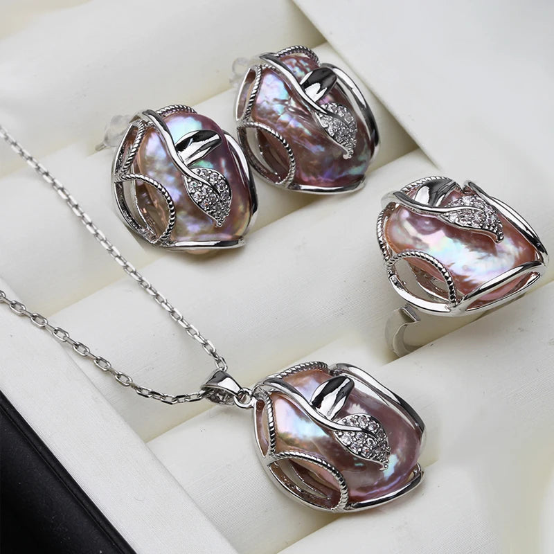 Natural Freshwater Baroque Pearl Necklace and Earrings Woman,Wedding 18K Gold Plating Big Pearl Jewelry Sets Wife Mother Gift
