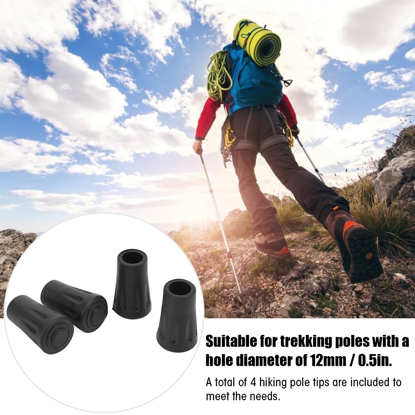 4PCS Trekking Pole Tip Rubber Protective Cover with Built-in Metal Gasket Prevent Puncture Durable for Hole Diameter 12MM