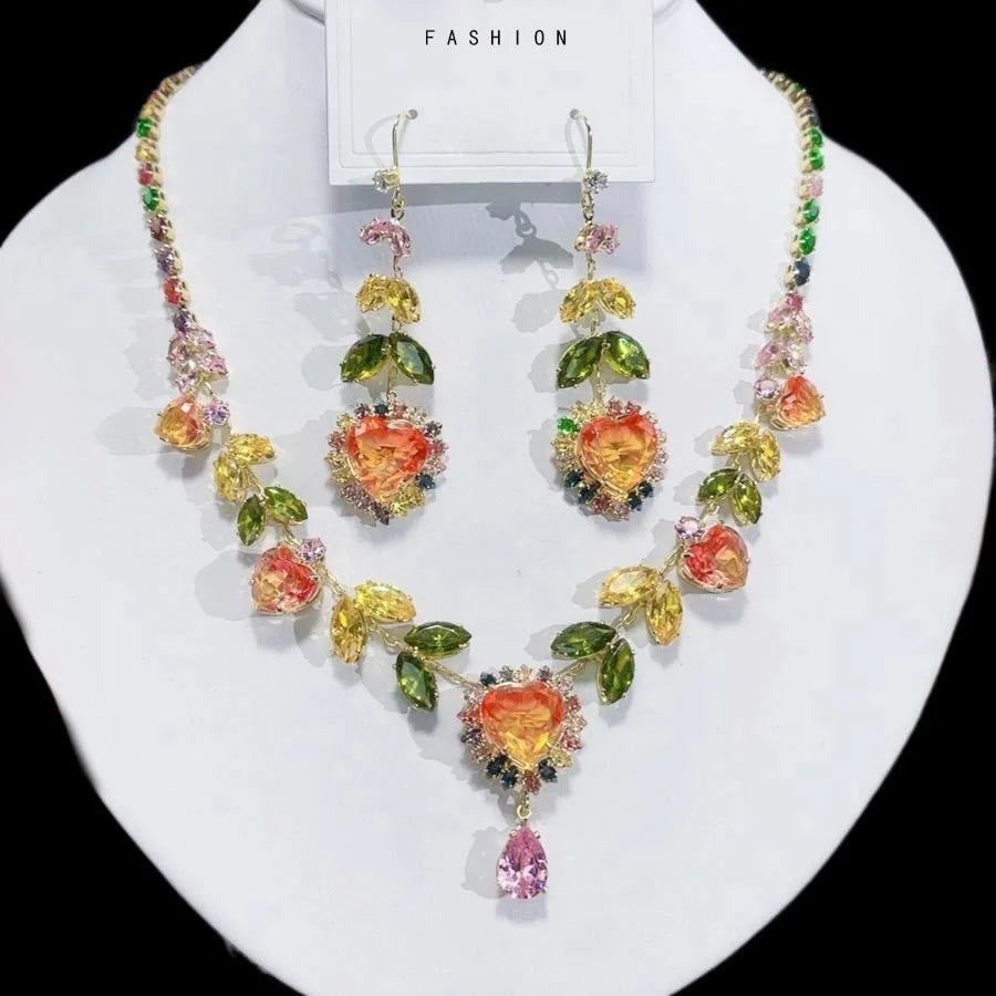 Women Rainbow Gemstone Necklace 18K Gold Plated Waterdrop Zirconia Earrings 2024