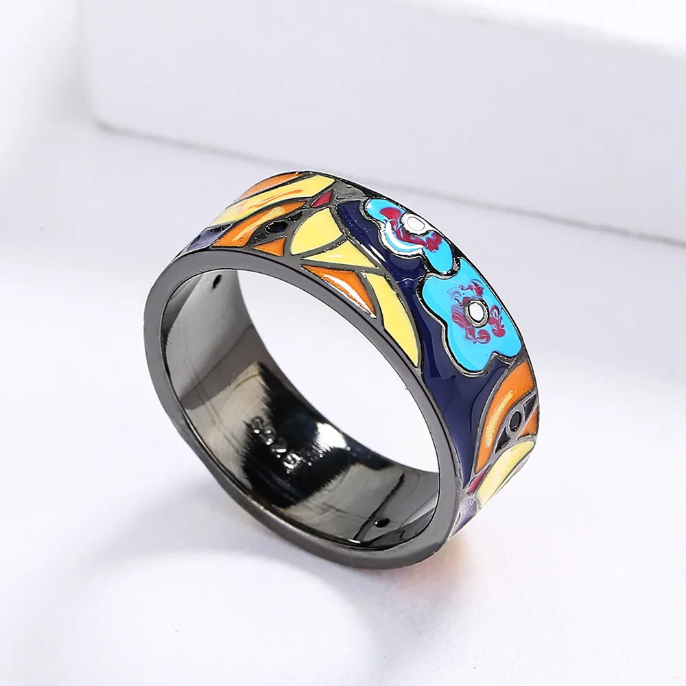 Exquisite Jewelry Rings for Women Blue Bird Flower Enamel Fine Jewelry Black Handmade Gifts