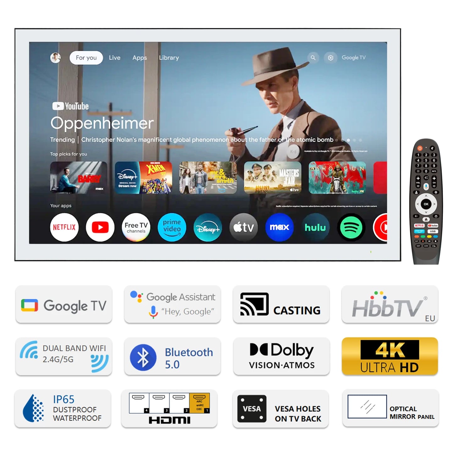 Soulaca 42 inches Smart Bathroom Mirror Big Screen 4K TV Waterproof Goo-gle Assistant System Voice Control  DTV Tuner Hotel SPA