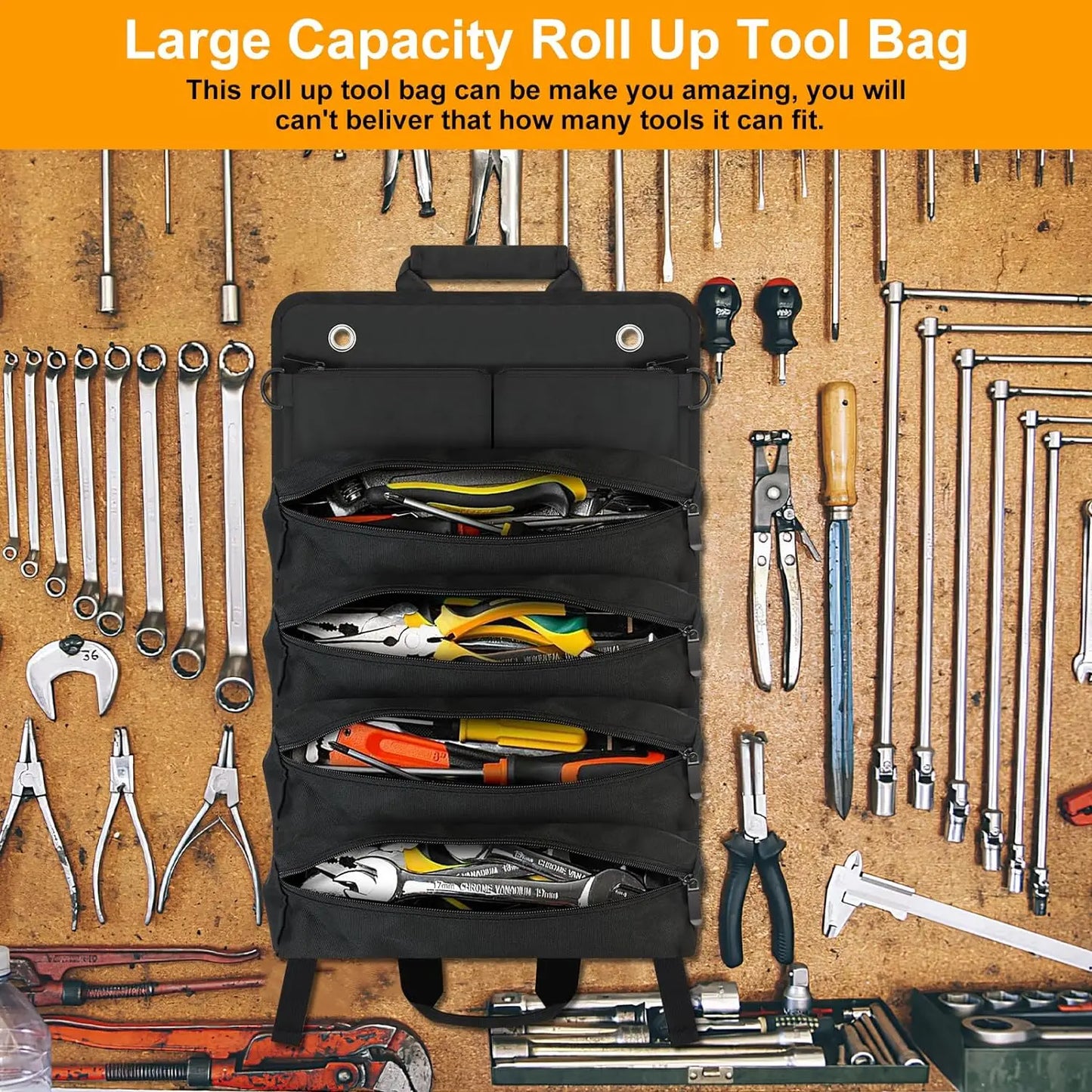 Rolling Tool Bag Storage Bag, Gift for Him, Heavy-Duty Motorcycle Tool Roll Bag Storage Bag, Portable Rolling Tool Bag with Removable Pouch - Suitable for Dad, Machinery and Electricians for Men