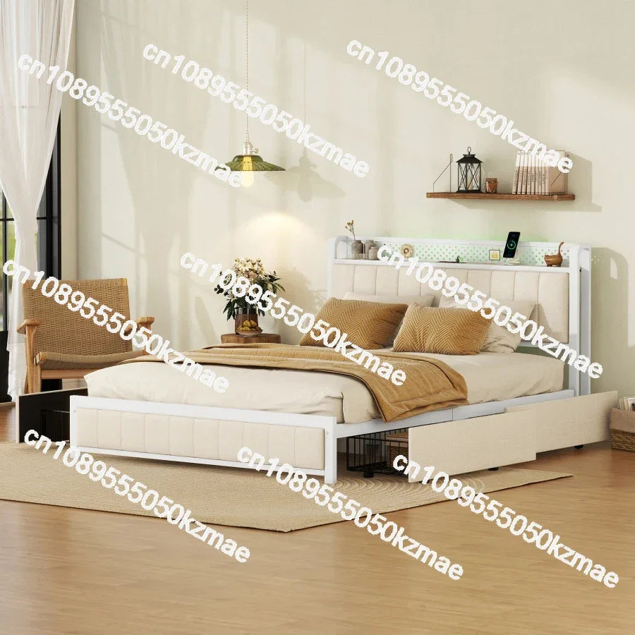 Queen Bed Frame with LED Headboard, Upholstered Bed with 4 Storage Drawers and USB Ports, Beige