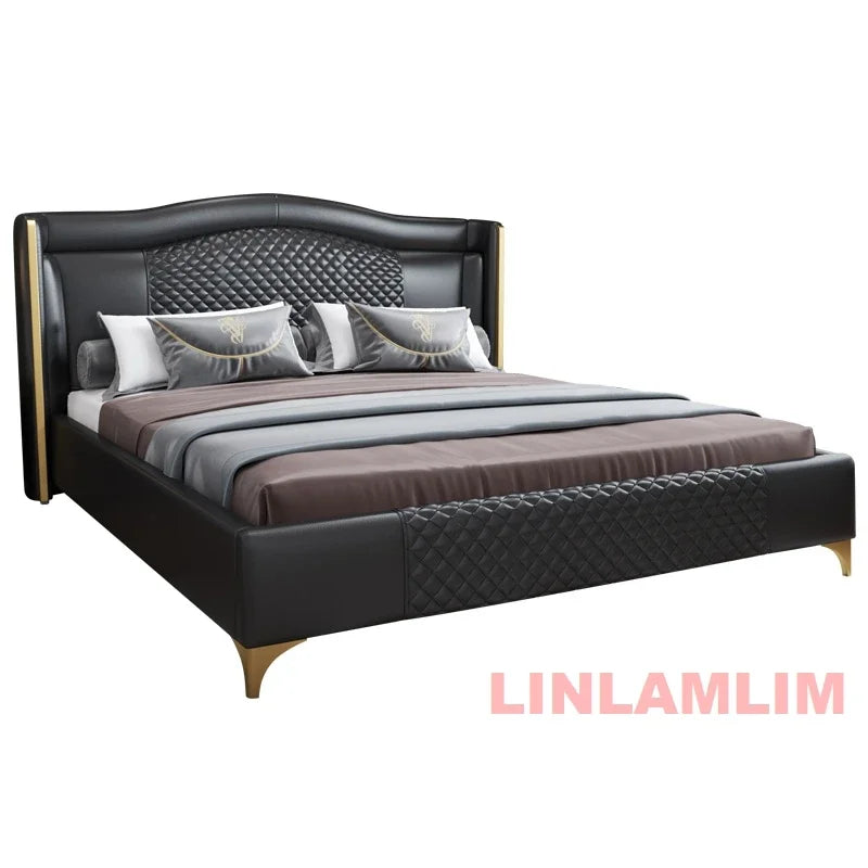 Linlamlim Luxury Genuine Leather Upholstered Bed with Quilted Headboard - Modern King/Queen Size Soft Bed with Gold Accents
