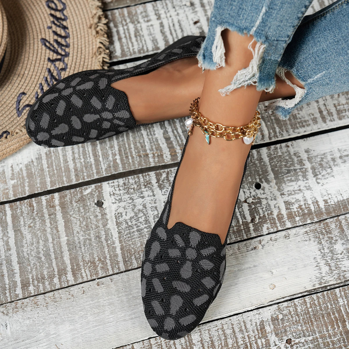 Women's shoes with niche-designed patterns, featuring comfortable flat soles, suitable for various outfits.