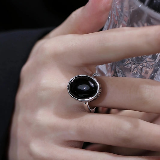 S925 Sterling Silver Woman Rings with Onyx Black Gemstone Vintage Luxury Adjustable Fine Jewelry Rings for Women
