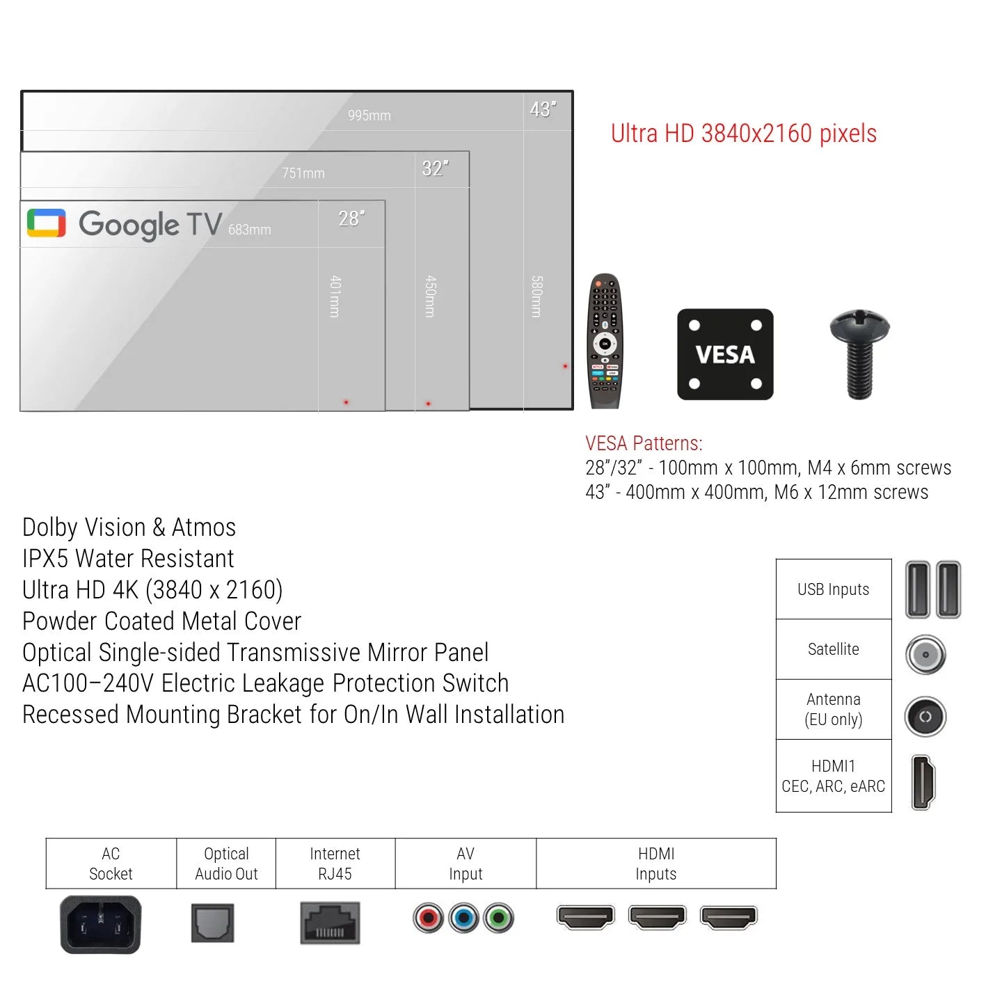 Soulaca Large Smart 4K Screen 43inch Bathroom Mirror TV Vanishing IPX6 Waterproof for Bathroom SPA Google System WiFi Bluetooth