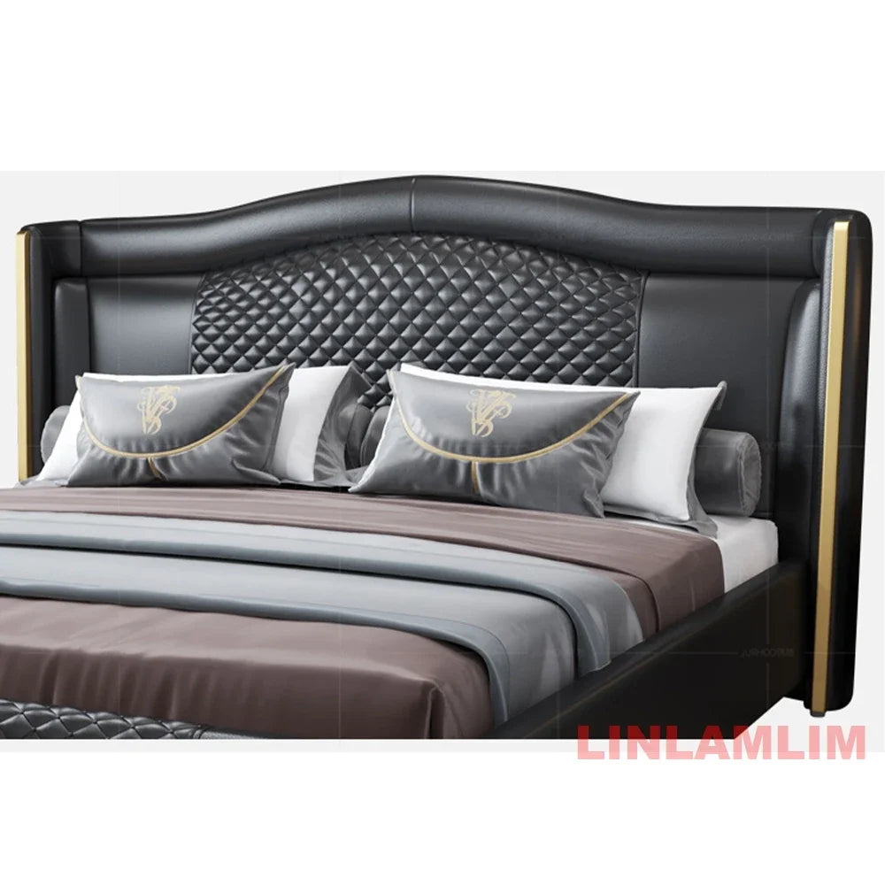 Linlamlim Luxury Genuine Leather Upholstered Bed with Quilted Headboard - Modern King/Queen Size Soft Bed with Gold Accents