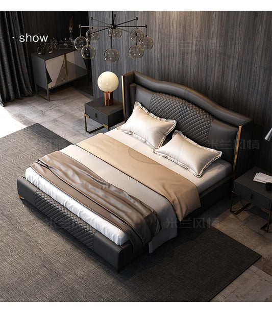 Linlamlim Luxury Genuine Leather Upholstered Bed with Quilted Headboard - Modern King/Queen Size Soft Bed with Gold Accents