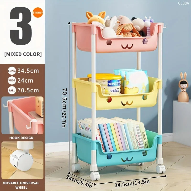Household living room multi-layer cartoon smiley movable trolley floor shelves children's toys snacks book bags organizing rack