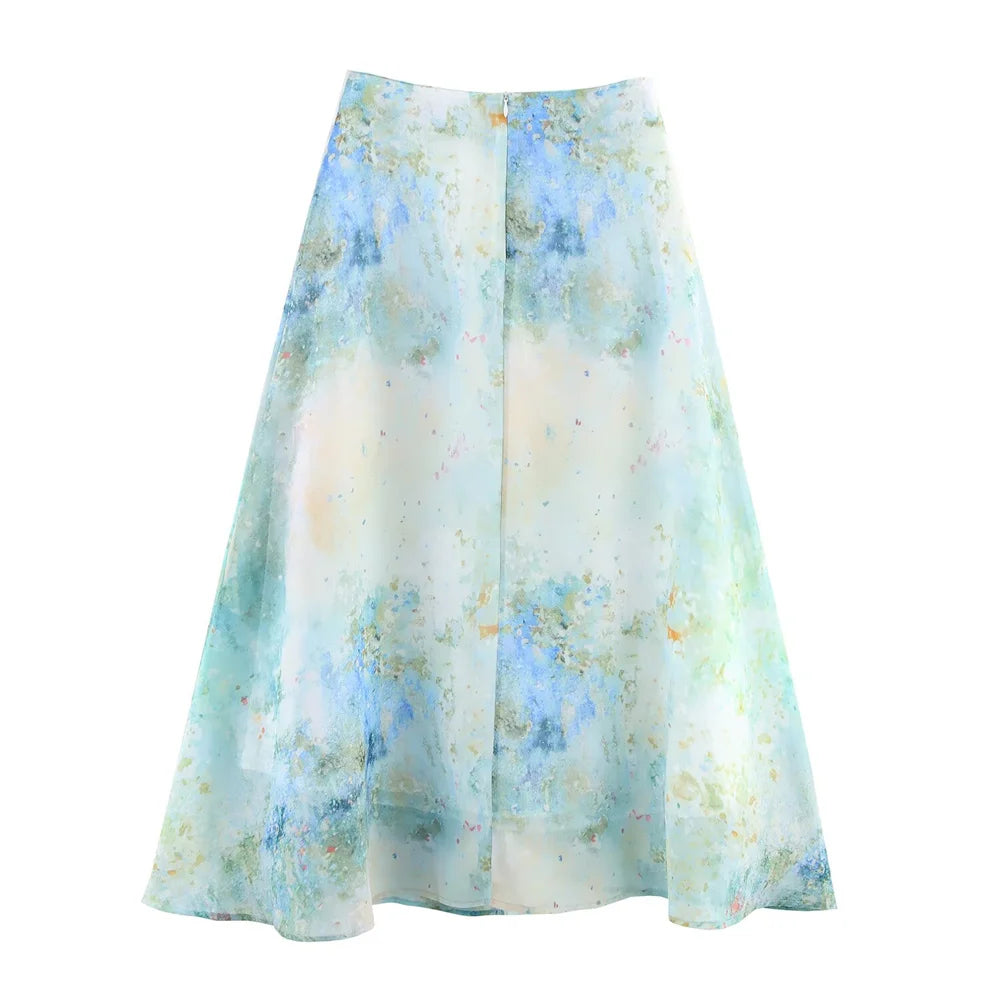 New women's clothing with European and American style fashion, simple, blended print, drawstring chiffon irregular skirt