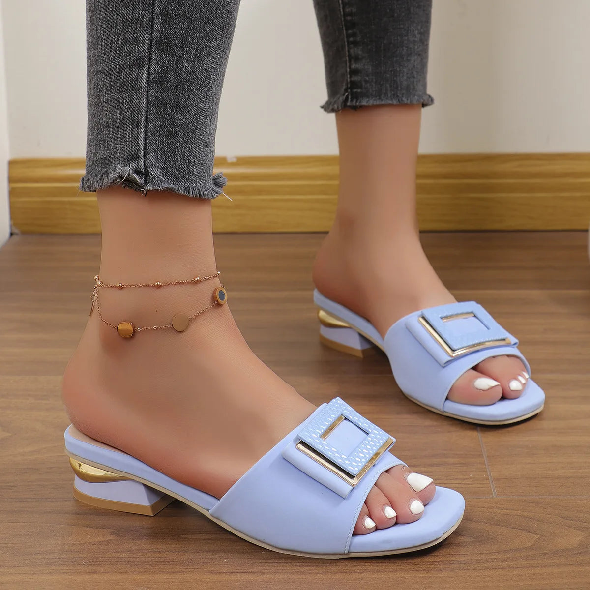 Fashion Women High Heel Slippers Summer Slip on Elegant Low Heel Shoes for Wedding Party Comfortable Non-slip Women's Slippers