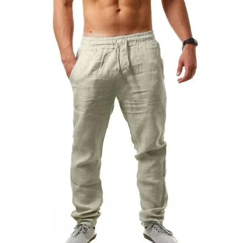 2024 New Men's Cotton Linen Pants Summer Solid Color Breathable Linen Trousers Male Casual Elastic Waist Fitness Pants