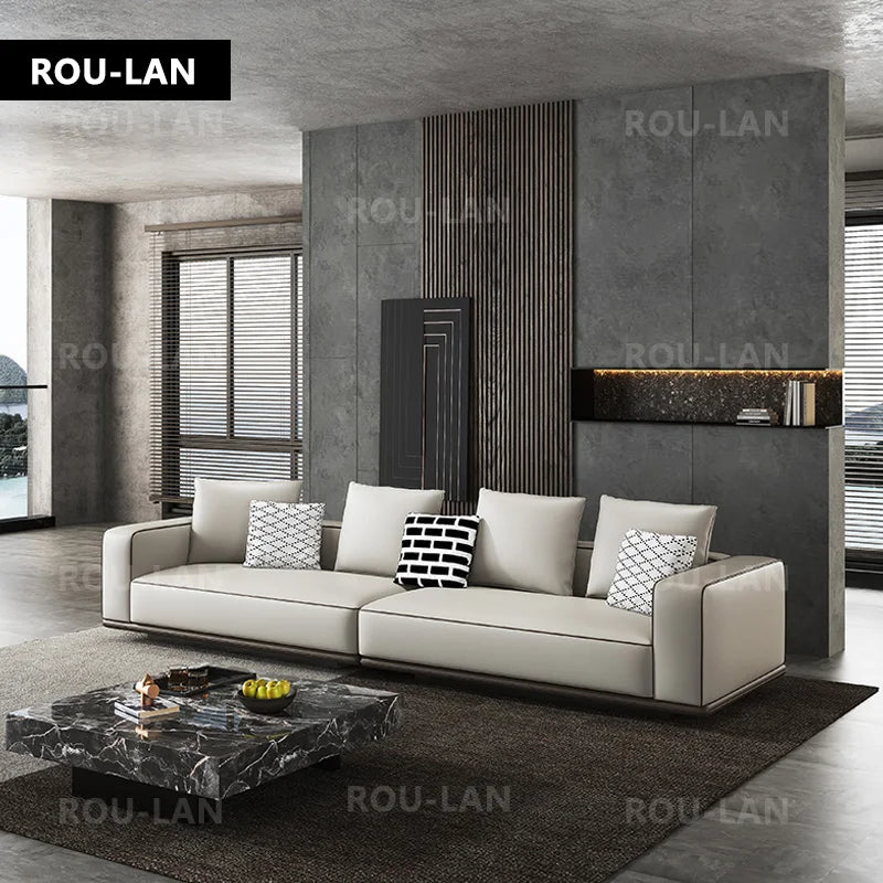 Modern Simple Leather Sofa Living Room Modern Large Flat Floor Large Household Type First Layer Cowhide Inline Tofu Block Sofa