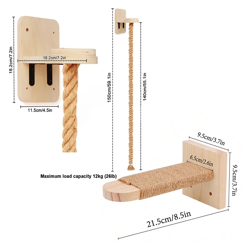 Cat Climbing Shelves Wall-Mounted Cat Tree Tower Scratcher Hammock Sisal Rope Ladder Hiding House Bed Cats Gym Claw Grinding Toy