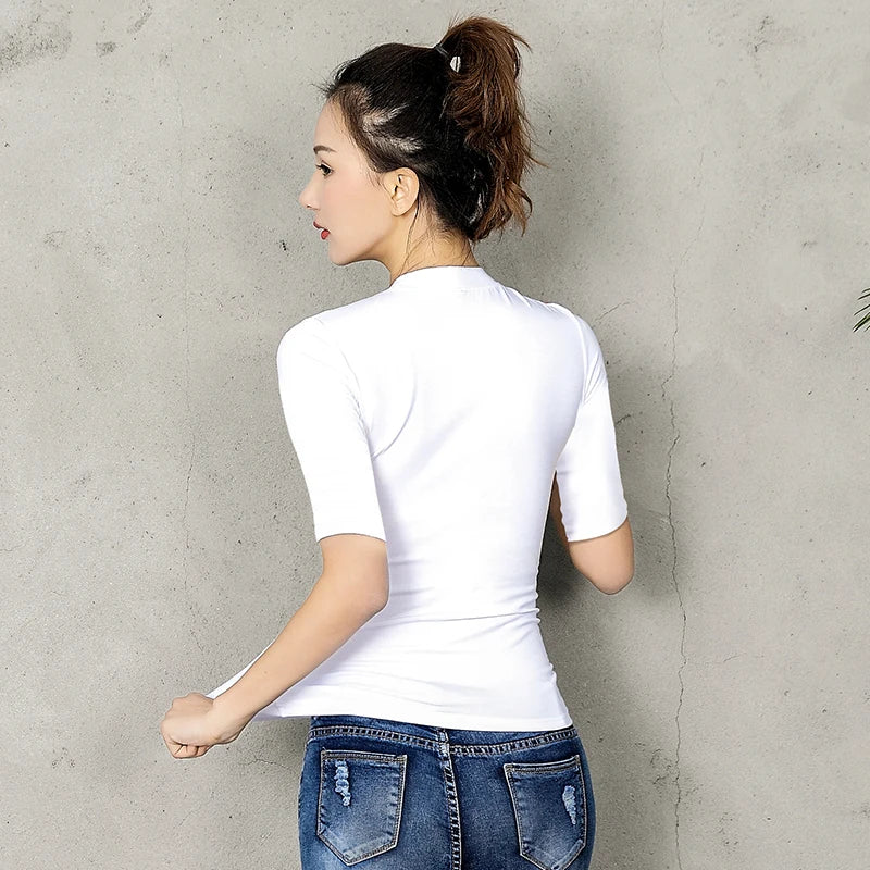 Women Clothings Half sleeve tshirt for woman Turtleneck Solid Color Women's Tops Spring Summer Autumn Cotton Shirt for womens