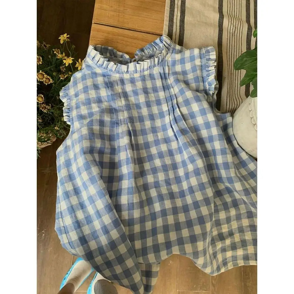 Fashion Shirt for Women 2025 Blusas Mujer De Moda Sweet Ruffles Loose Blouses Sleeveless O-neck Casual Plaid Summer Blouse Tops
