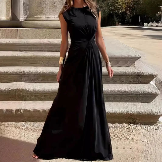 Women's clothing long dress fashionable casual outdoor temperament commuting waist cinching elegant round neck dress