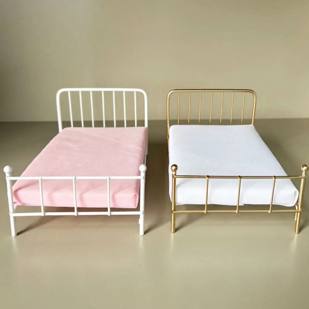1:12 Scale Dollhouse Bed Iron Frame With Mattress Doll Bed Furniture Bedroom Scene Single Bed Mini Bed Model