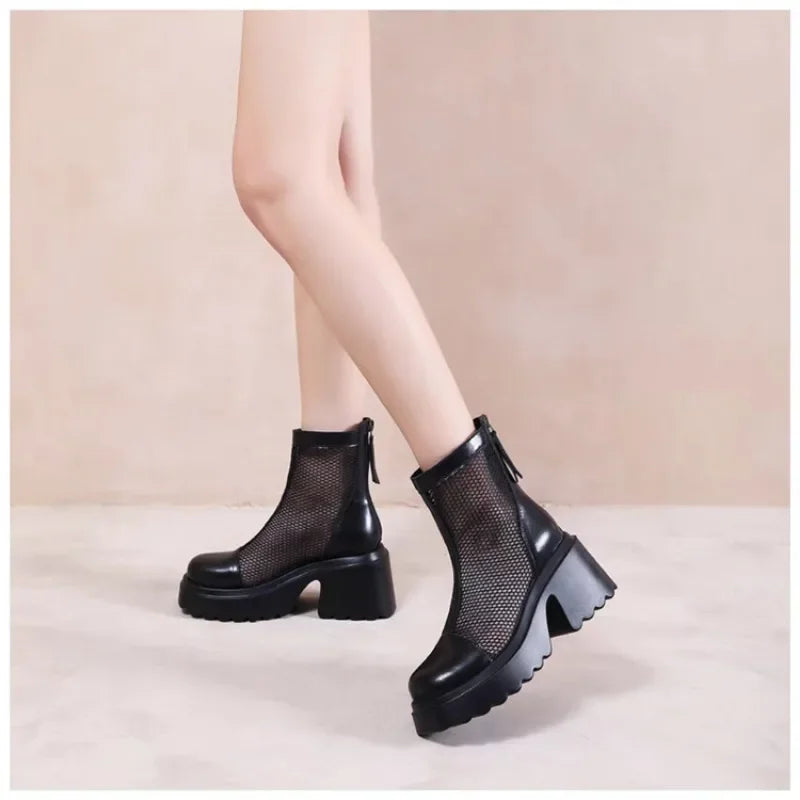 2025 New Women's Shoes Solid Color Round Toe Thick Heel Women's Boots Fashion Mesh Breathable and Comfortable Women's Sandals