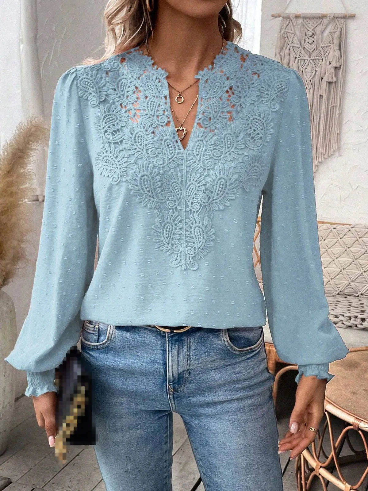 2024 Autumn Women's Clothing New Sexy V-neck Fashionable Lace Patchwork Solid Color Shirt Long Sleeved Shirt Women's Clothing