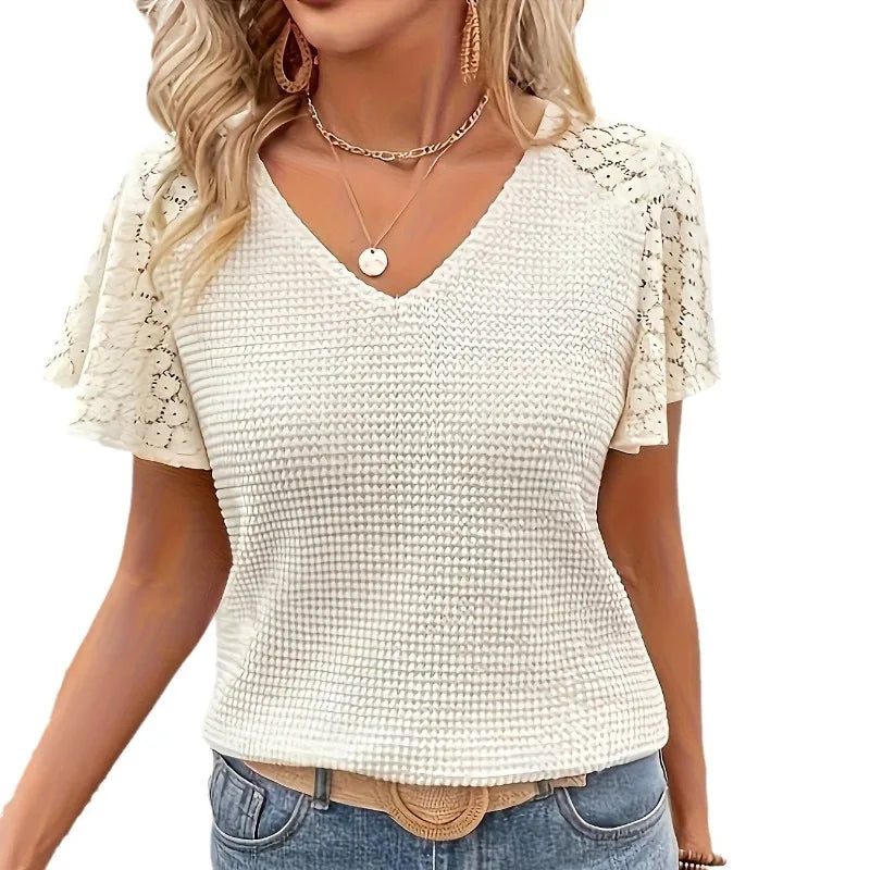 Women's Clothing Elegant V-neck Lace Spliced Blouses Top Spring Summer Streetwear Female Flared Short Sleeves Sweater T-shirts
