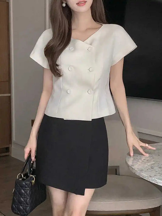 Clothland Women Stylish White Black Blouse Double Breasted Short Sleeve V Neck Shirt Office Wear Tops Mujer DA597