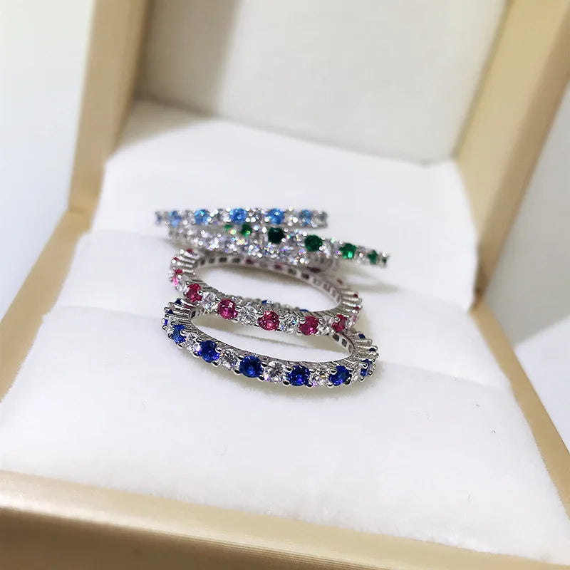 Full Diamond Ring for Woman Wedding Jewelry 925 Sterling Sliver Plated White Gold Rings 8A Zircon Colorful Engagement Band