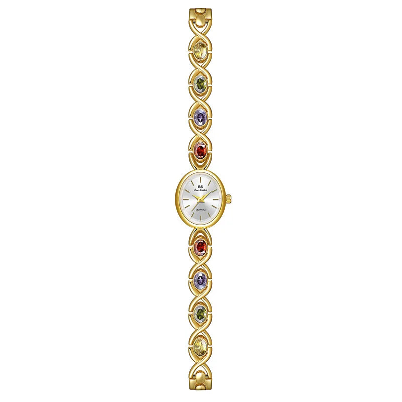 Blue Jewel Oval Bracelet Watch Luxury Crystal Quartz Watches For Woman Vintage Gold Silver Jade Wristwatch Gifts For Women