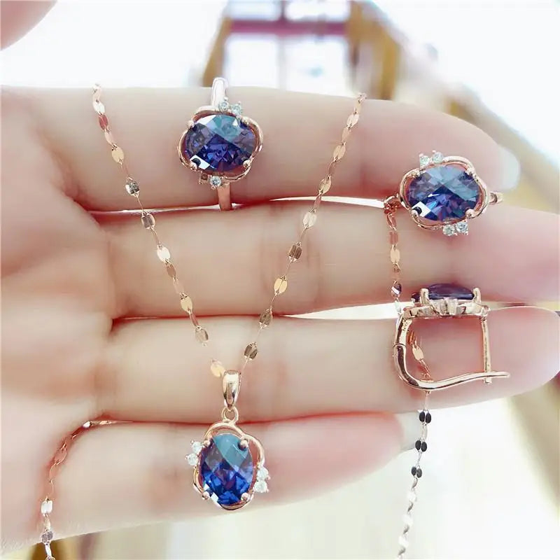 Women's Jewelry 585 Purple Gold Inlaid Sapphire Oval Crystal Chains Woman Exquisite Elegant Charm 14K Rose Gold Pendant