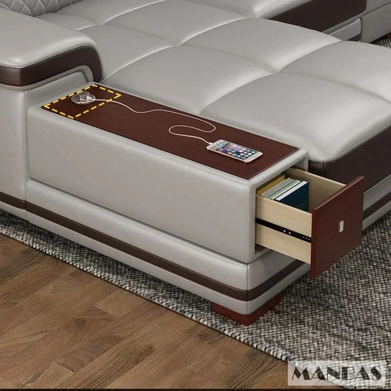 Modern Luxury Genuine Leather Sectional Sofa with Chaise Lounge, Adjustable Headrest, Built-in Storage, USB Charging, Cup Holder