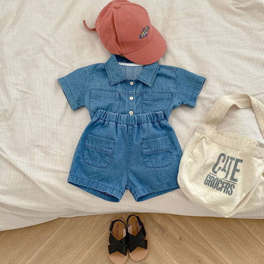New baby clothes in summer, 0-3 years old baby girl and boy, sleeve pocket top + boxer shorts two-piece set
