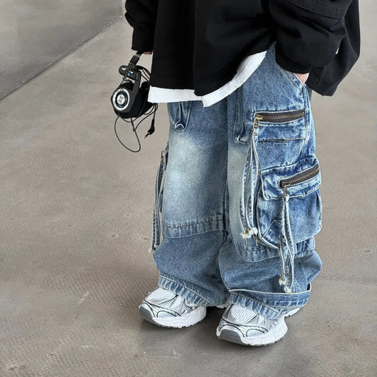 Baby Children Denim Pants Spring Autumn New Fashionable Cargo Jeans Boy Korean Style Casual Handsome Full Length Pocket Pants