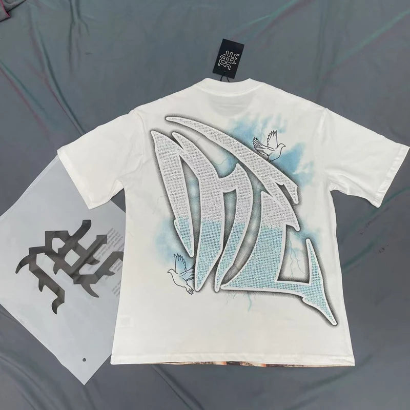 Men's Clothing MIXED EMOTION T-shirts American Streetwear Interesting Angel Print Hot Drill Letter Logo Top Tee Short Sleeve
