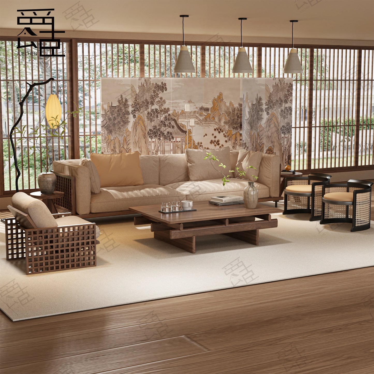 Medieval wind wabi-sabi wind leisure area straight row sofa Song's aesthetic homestay solid wood sofa