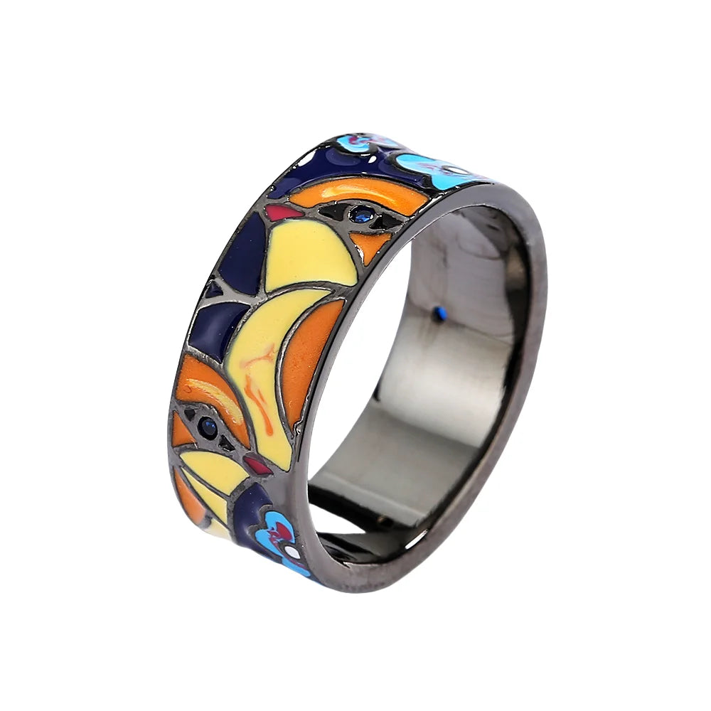 Exquisite Jewelry Rings for Women Blue Bird Flower Enamel Fine Jewelry Black Handmade Gifts