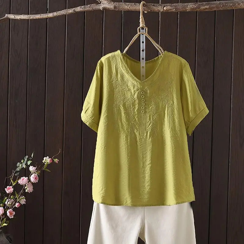 Women Clothing Streetwear Casual Fashion Elegant Cotton Linen Embroidery Vintage Clothes Tops Shirts for Women Tees