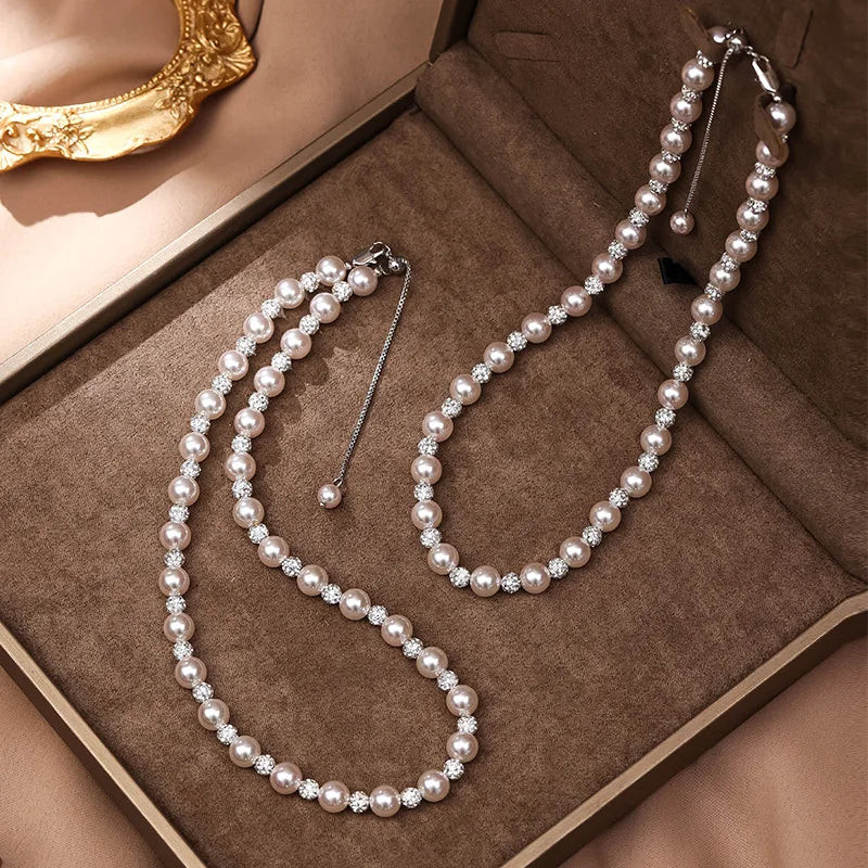 Natural Pearl Diamond Crystal Bead Bracelet Women Silver Elegant Bangle Chain