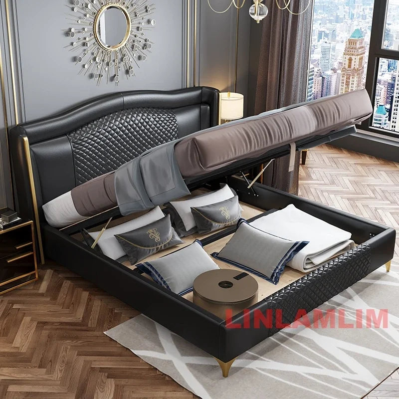 Linlamlim Luxury Genuine Leather Upholstered Bed with Quilted Headboard - Modern King/Queen Size Soft Bed with Gold Accents