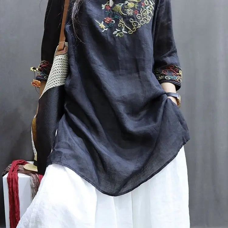 Cotton and Linen Women Clothing 2025 Summer New Print Retro Embroidery Loose Slim and Fashionable Shirt