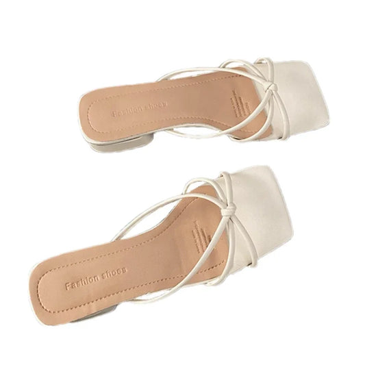 Women's Elegant Heeled Slippers Designer Mid Heels Shoes Fashion Chunky Sandals Pumps 2025 Summer Shollow Party Zapatillas Mujer